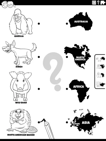 野生動物のキャラクターと大陸形状を持つ子供のための教育マッチングゲームの黒と白の漫画のイラストぬりえブックページ — ストックベクタ