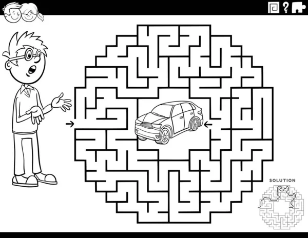Fekete Fehér Rajzfilm Illusztrációja Oktatási Labirintus Puzzle Játék Gyerekeknek Fiú — Stock Vector