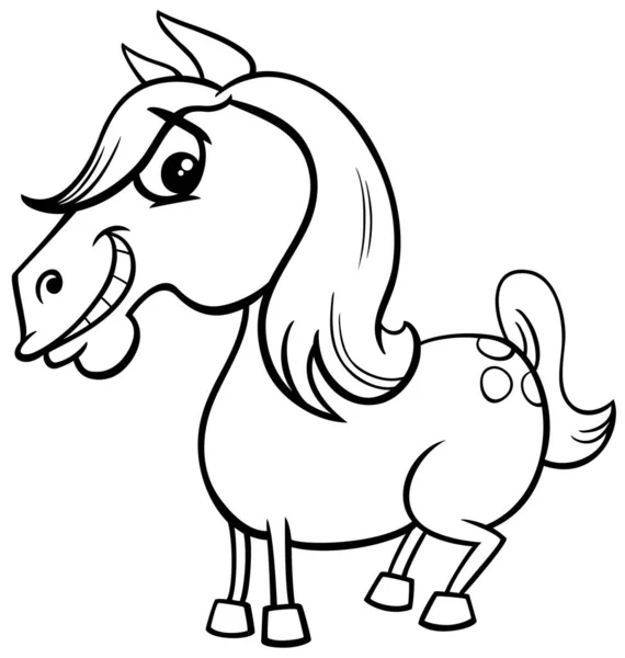 面白い馬やポニーファーム動物のキャラクターぬりえブックページの黒と白の漫画イラスト — ストックベクタ