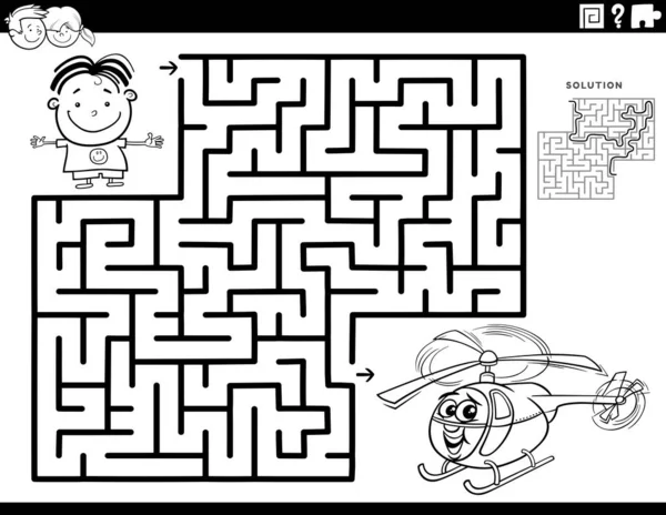 黒と白の漫画教育迷路のイラスト男の子のキャラクターとおもちゃのヘリコプターのぬりえ本のページを持つ子供のためのパズルゲーム — ストックベクタ