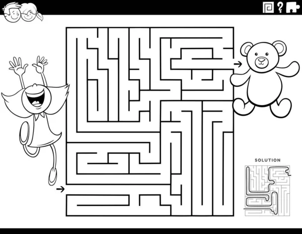 Black White Cartoon Illustration Educational 메이즈 Puzzle Game Children Girl — 스톡 벡터
