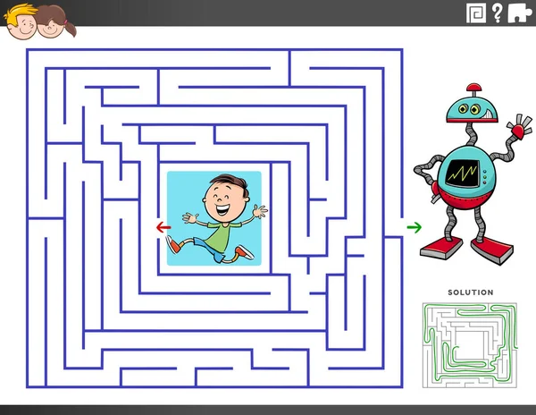 Karikatura Ilustrace Vzdělávací Bludiště Puzzle Hra Pro Děti Chlapeckou Postavou — Stockový vektor
