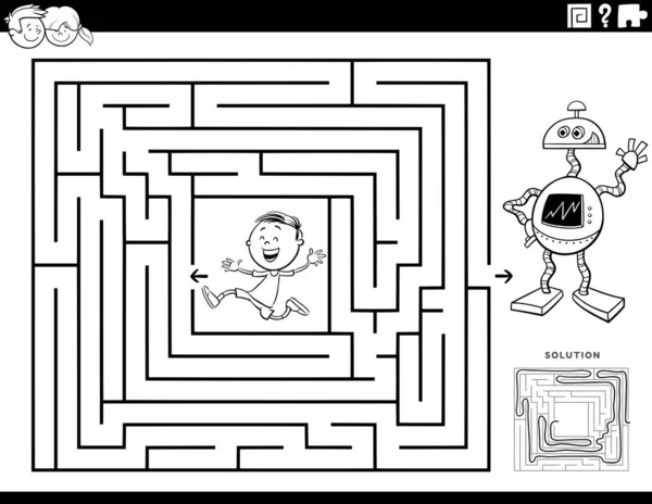 Illustrazione Bianco Nero Del Cartone Animato Del Labirinto Educativo Puzzle — Vettoriale Stock