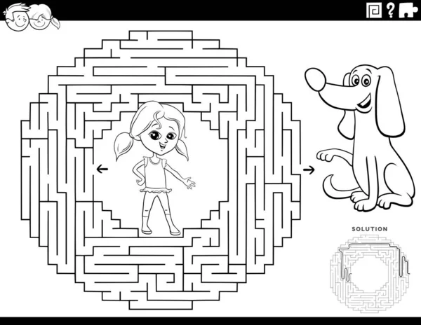 Black White Cartoon Illustration Educational 메이즈 Puzzle Game Children Girl — 스톡 벡터