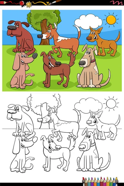 Illustrazione Del Fumetto Cani Divertenti Cuccioli Personaggi Animali Gruppo Colorare — Vettoriale Stock