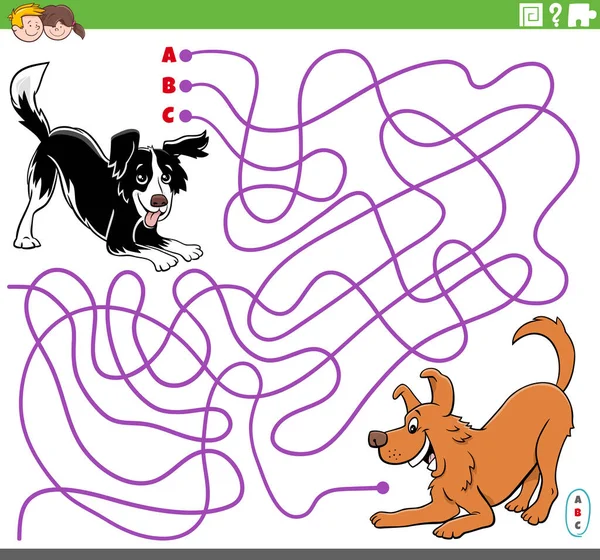 Cartoon Illustration Von Linien Labyrinth Puzzlespiel Mit Verspielten Hunden Oder — Stockvektor