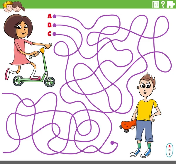 Karikatura Ilustrace Linií Bludiště Puzzle Hra Dívkou Skútru Chlapec Skateboard — Stockový vektor