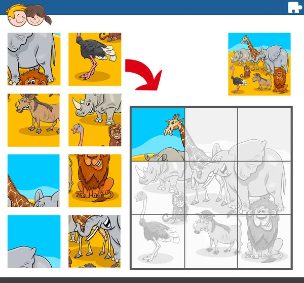 Cartoon Illustration Educational Jigsaw Task Children Wild African Animal Characters — Vetor de Stock
