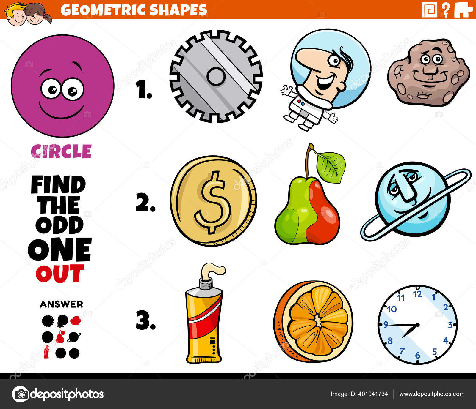 圆形几何形状的卡通画教育奇数为儿童设计的任务图库矢量图©izakowski 401041734