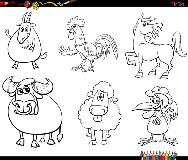 Illustration Dessins Animés Noir Blanc Personnages Animaux Ferme Drôles Coloriage — Image vectorielle