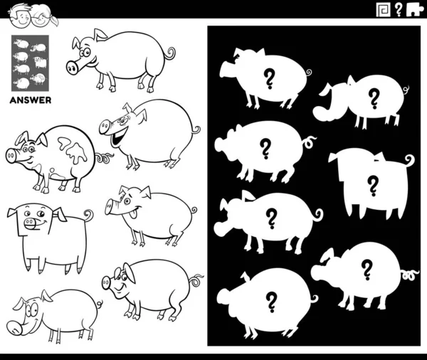 Black White Cartoon Illustration Match Objects Right Shape Silhouette Pigs — Διανυσματικό Αρχείο