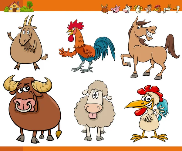 Cartoon Ilustrace Legrační Farmy Zvířat Komické Znaky Sada — Stockový vektor