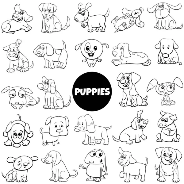 Zwart Wit Cartoon Illustratie Van Puppy Dog Comic Animal Personages — Stockvector