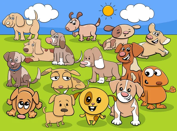 かわいい子犬や小さな犬の漫画のイラスト動物キャラクターグループ — ストックベクタ