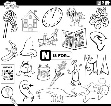 Black and White Cartoon Illustration of Finding Picture Starting with Letter N Educational Task Worksheet for Children with Objects and Comic Characters Coloring Book Page clipart