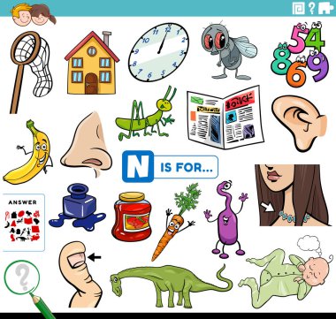 Cartoon Illustration of Finding Picture Starting with Letter N Educational Task Worksheet for Children with Objects and Comic Characters clipart