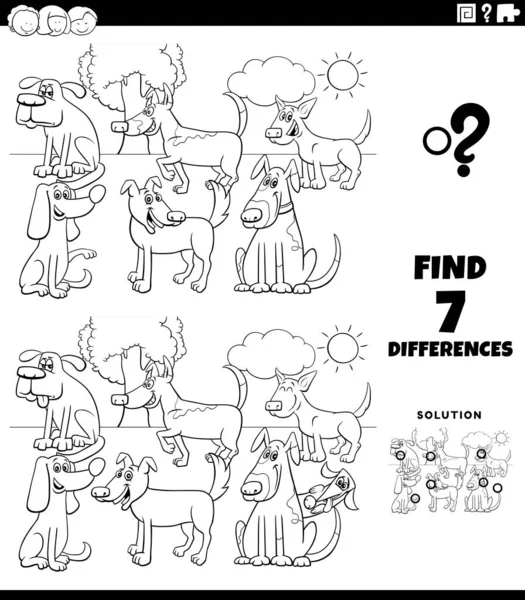 Comic Dogs Group Renklendirme Kitabı Sayfası Ile Çocuklar Için Eğitim — Stok Vektör