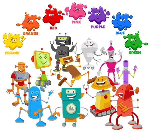 Educational Cartoon Illustration Basic Colors Children Robot Characters Group — Stock Vector