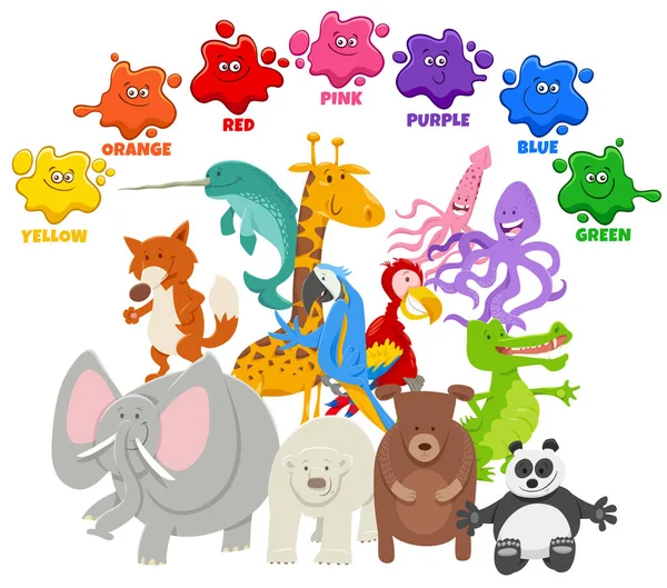 Pädagogische Zeichentrickillustration Der Grundfarben Für Kinder Mit Tierfiguren — Stockvektor