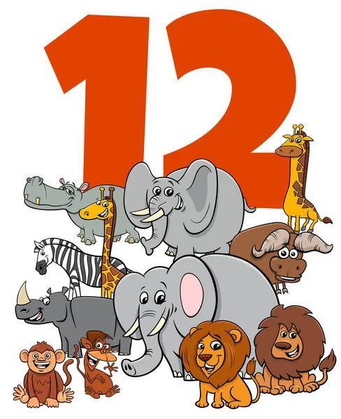 面白い動物のキャラクターを持つ子供のための12番の漫画のイラストグループ — ストックベクタ