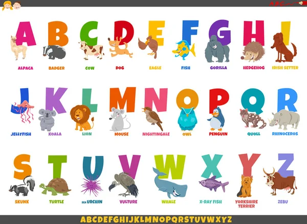 Illustration Bande Dessinée Alphabet Complet Coloré Avec Des Personnages Des — Image vectorielle