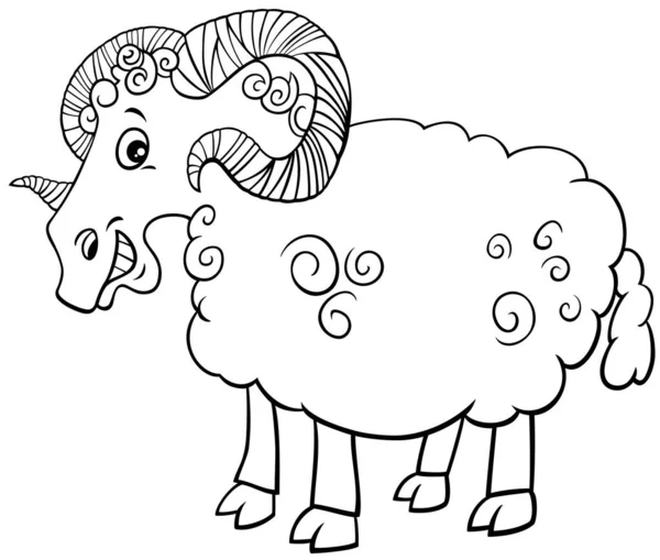 Inggris Black White Cartoon Illustration Funny Ram Farm Animal Character - Stok Vektor