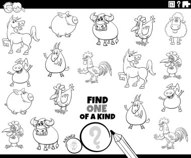 Çizgi Roman Çiftliği Hayvan Karakterleri Boyama Sayfası ile Bir Nazik Resim Eğitim Oyununun Siyah ve Beyaz Çizgi Film Çizimi