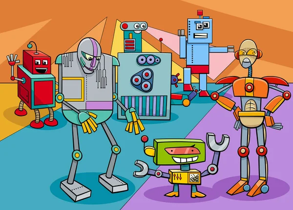 Desenhos Animados Ilustração Engraçado Comic Robots Fantasia Personagens Grupo — Vetor de Stock