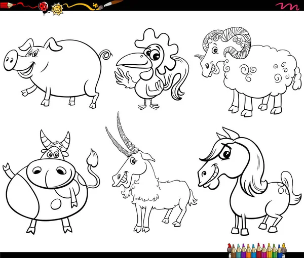 Desenhos Animados Preto Branco Ilustração Personagens Animais Fazenda Feliz Conjunto — Vetor de Stock