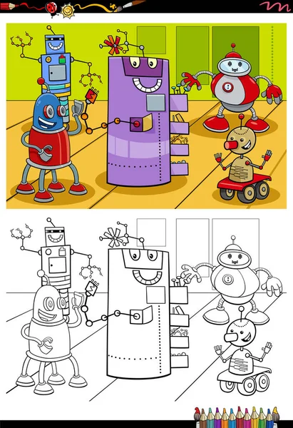 Cartoon Illustration Robots Droids Fantasy Characters Group Coloring Book Page — Stock Vector