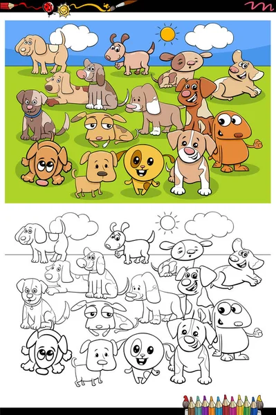 Illustration Dessins Animés Chiots Mignons Animal Characters Group Coloring Book — Image vectorielle