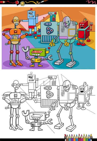 Komik Robotlar Droidler Çizgi Film Çizimi Fantezi Karakterleri Grup Boyama — Stok Vektör