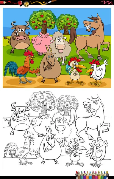 Illustration Bande Dessinée Drôle Ferme Animaux Personnages Groupe Coloriage Livre — Image vectorielle