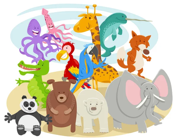 Tecknad Illustration Happy Wild Animals Comic Characters Group — Stock vektor