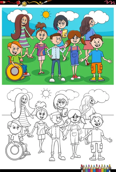子供と10代のキャラクターの漫画イラストグループぬりえブックページ — ストックベクタ