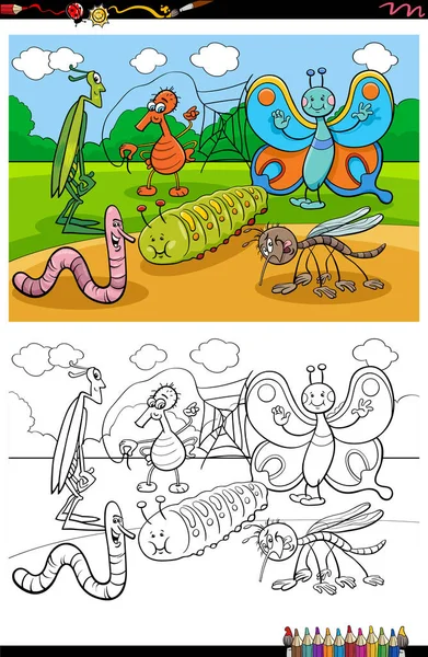 Cartoon Illustration Funny Insects Bugs Animal Characters Group Kleurboek Pagina — Stockvector