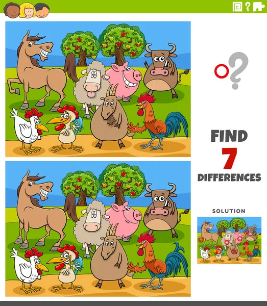 Cartoon Illustration Finding Differences Pictures Educational Game Children Comic Farm — стоковый вектор
