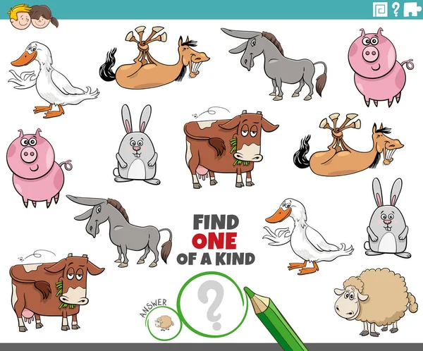 漫画のイラスト漫画の農場の動物のキャラクターと一種の画像教育ゲームの1つを見つける — ストックベクタ