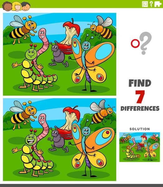 Cartoon Illustration Finding Differences Pictures Educational Game Children Comic Insect — Stock Vector