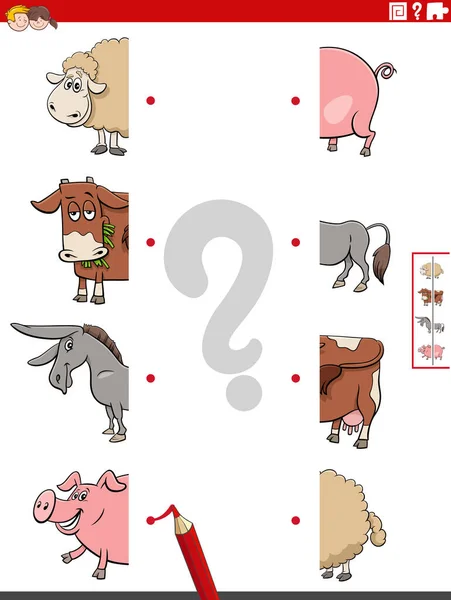 Cartoon Illustration Educational Task Matching Halves Pictures Funny Farm Animal — 스톡 벡터