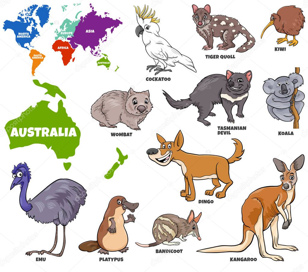 Educational Cartoon Illustration of Australian Animals Set and World Map with Continents Shapes