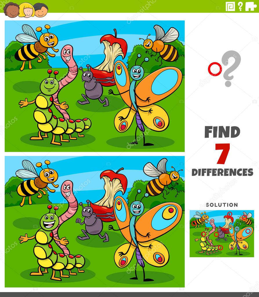 Cartoon Illustration of Finding Differences Between Pictures Educational Game for Children with Comic Insect Characters