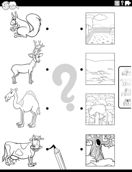 具有动物物种特征的儿童教育匹配游戏及其环境的黑白卡通图解 — 图库矢量图片