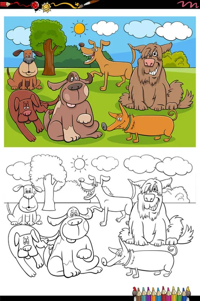 Dibujos Animados Ilustración Perros Cachorros Animales Personajes Grupo Para Colorear — Vector de stock