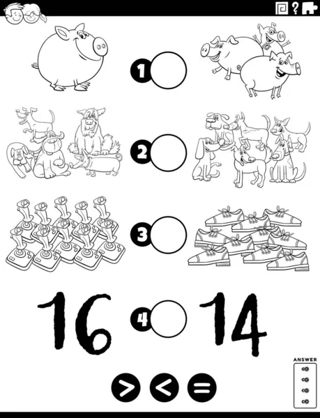 教育数学のパズルゲームの黒と白の漫画イラストは 動物やオブジェクトのワークシートページを持つ子供のために以下または同等以上 — ストックベクタ