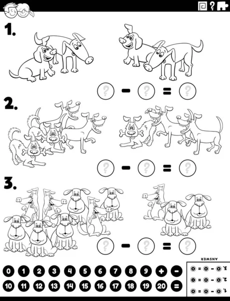 Black White Cartoon Illustration Educational Mathematical Subtraction Puzzle Task Children — Stock Vector