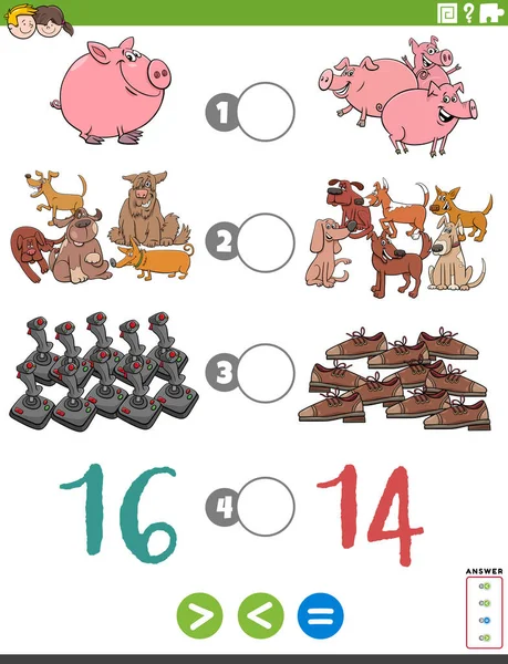 Ilustración Dibujos Animados Del Juego Rompecabezas Matemático Educativo Mayor Menor — Vector de stock