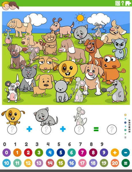 Cartoon Illustration Educational Matematical Counting Addition Game Children Dogs Cats — Stockový vektor