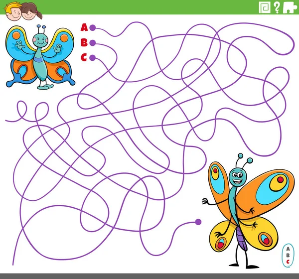 Karikatura Ilustrace Linií Bludiště Puzzle Hra Motýlí Znaky — Stockový vektor