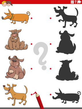 Doğru Gölgeleri, Köpekleri ve Yavruları Olan Çocuklar İçin Eğitici Resimlerle Eşleştirme Çizgi Filmi